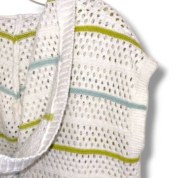 Miss Sparkling White Knit Coverup Blue Green Stripes Hoodie Sleeveless M - Picture 8 of 9